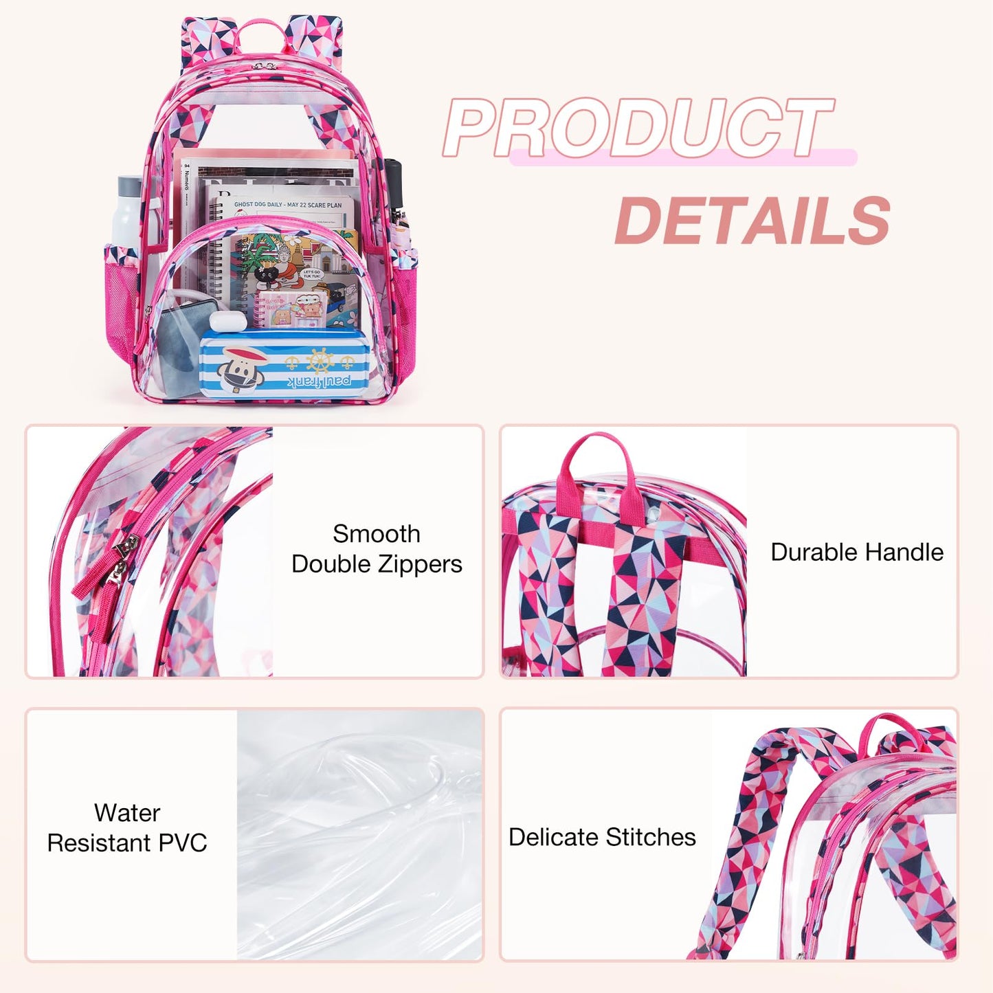 LIGHT FLIGHT Large Clear Backpack with Reinforced Padded Straps Heavy Duty PVC Transparent Backpack See Through Bookbags for Work,Travel,pink