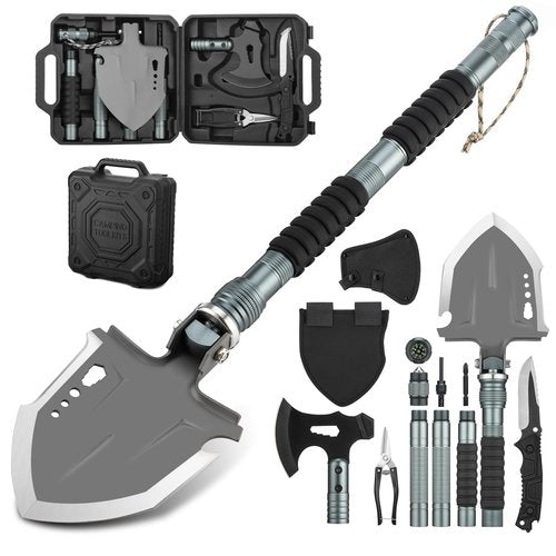 ZENHOSIT Survival Shovel with Axe, Camping Gear Folding Shovel Tactical Hatchet with 19.7-39.3inch Lengthened Handle - 24 in 1 Survival Tool Kit for Outdoor Camping Fishing Hiking