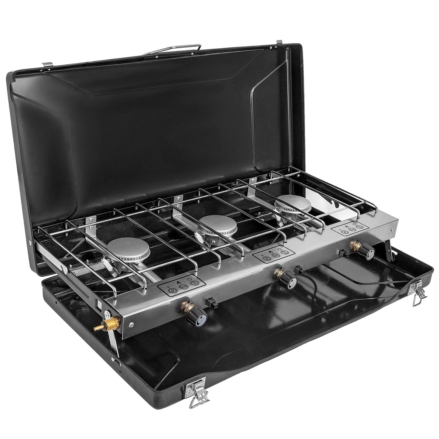 FineFlame Camping Stove, 3 Burner Propane Portable Camp Stove with Regulator, Push-Button Instant Ignition, Portable Camp Grill, Adjustable Burners for Car Camping Outdoor Cooking (BLACK-19800 BTUs)