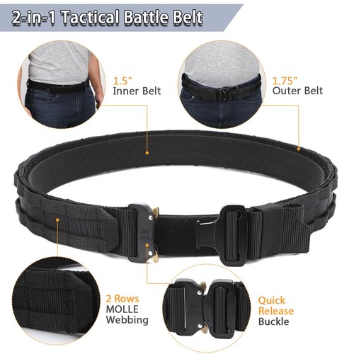 Gwild Concepts 32-41 Inches Tactical Battle Belt (Heavy Duty Belt Hanger) (Quick Release Buckle) 1.75" MOLLE and 1.5" Inner Combat Belts