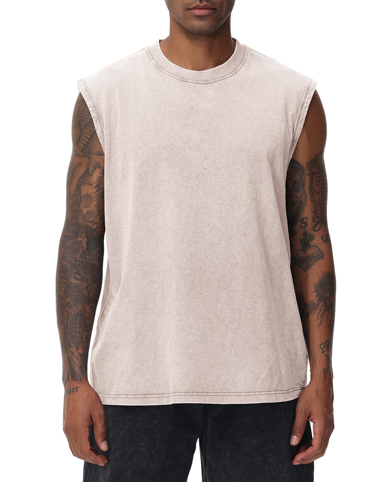 Mens Workout Tank Tops Sleeveless Tee Shirts Men Muscle Shirt Gym Acid Wash T Shirts Running Beach Loose Fit Tee(AC,S) Ivory