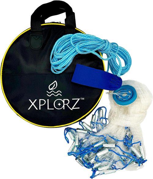 XPLORZ American Cast Fishing Net for Bait Trap Fish: 4ft/ 6ft/ 8ft Sizes for Saltwater & Freshwater Fishing - Enhanced with Heavy-Duty Zinc Sinker Weights