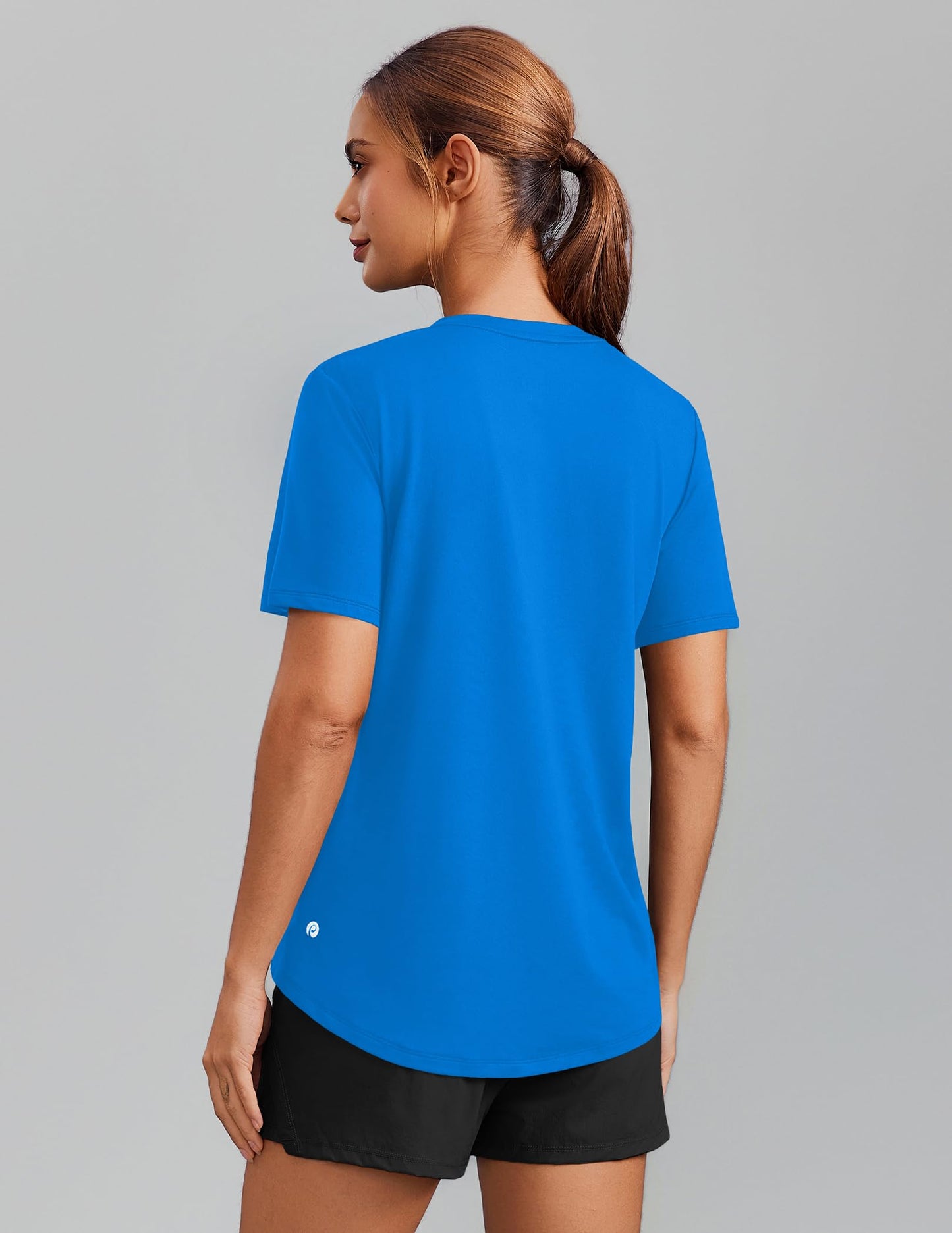 PINSPARK Quick Dry Workout Tops for Women Short Sleeve V Neck Moisture Wicking Athletic Gym Shirts Running Hiking T-Shirts,Sparkle Blue X-Large