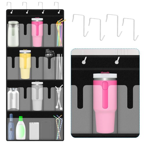 SelfTek Over the Door Water Bottle Tumbler Organizer, 17 Pockets Large Capacity Cup Organizer for S-tanley 40oz Tumbler, Foldable Hanging Holder with Straw Pocket, Cup Storage Back of Door
