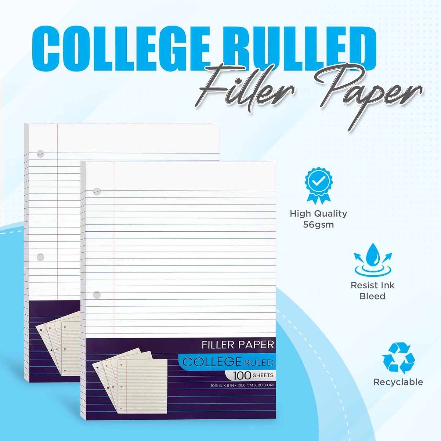 Notebook Paper College Ruled, Loose Leaf Paper for 3 Ring Binders - 10.5' X 8", for Students, School Classroom - 100 Sheets/Pack (2 Pack)