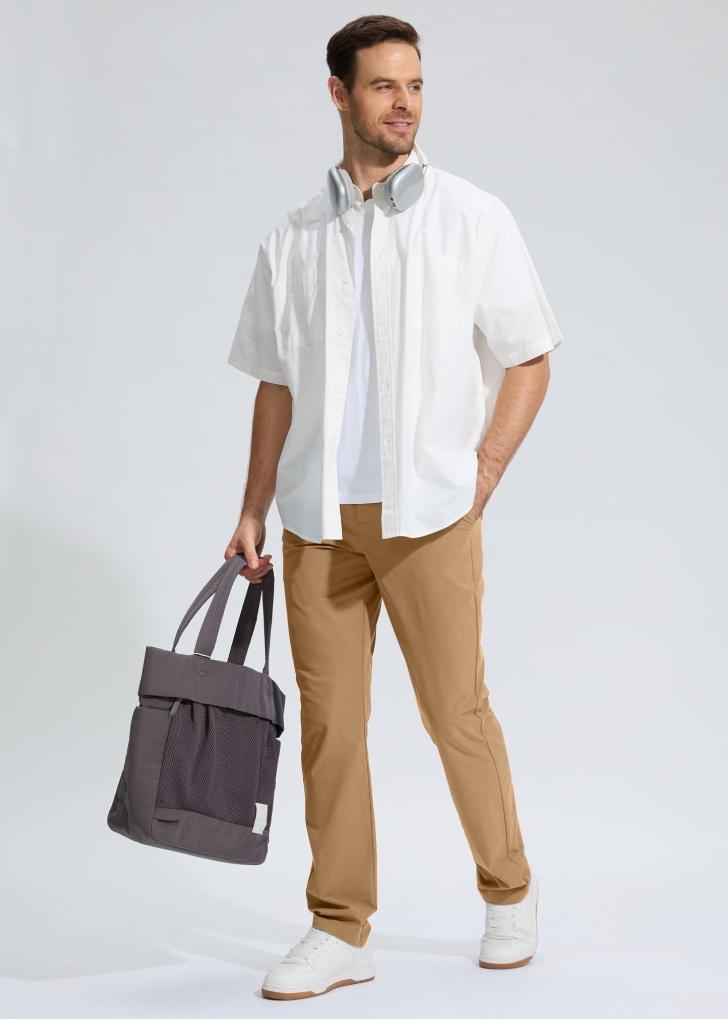 Pudolla Men's Golf Pants Work Dress Comfy Pants Casual Slacks Trousers with Pockets(Dark Khaki 42Wx30L)