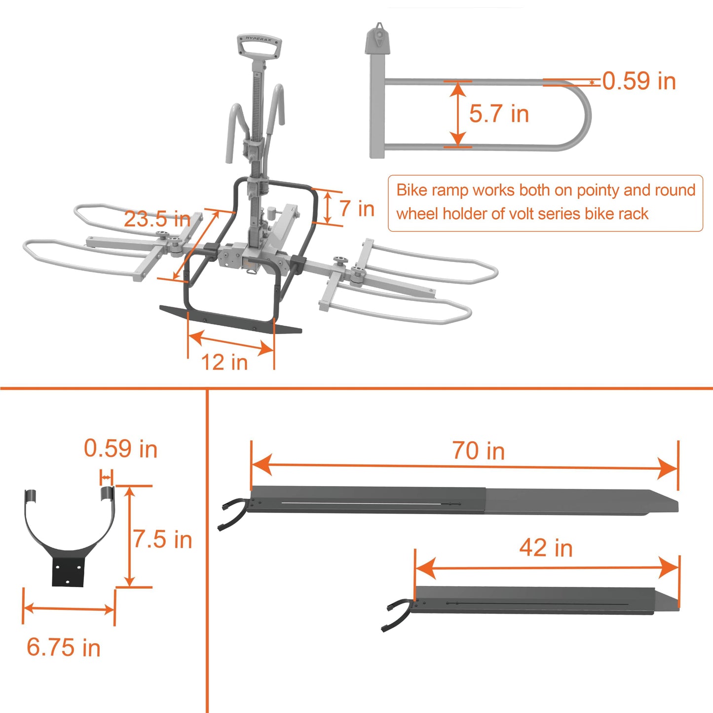 Hyperax Patented Back Saver E-Bike Ramp with License Plate Holder - Max Loading Capacity: 80 lbs per E Bike/Bike,Work ONLY with Hyperax Volt Series Bike Rack. ! Bike Rack is Purchased Separately!