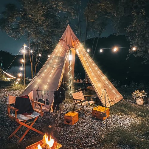 Camping Lantern with 49.2FT String, 2 in 1 Outdoor Warm White String Lights with 4 Modes & 5 Modes Rechargeable Camping Lamp IPX4 Waterproof Portable LED Tent Light for Outdoor Yard Garden Decoration