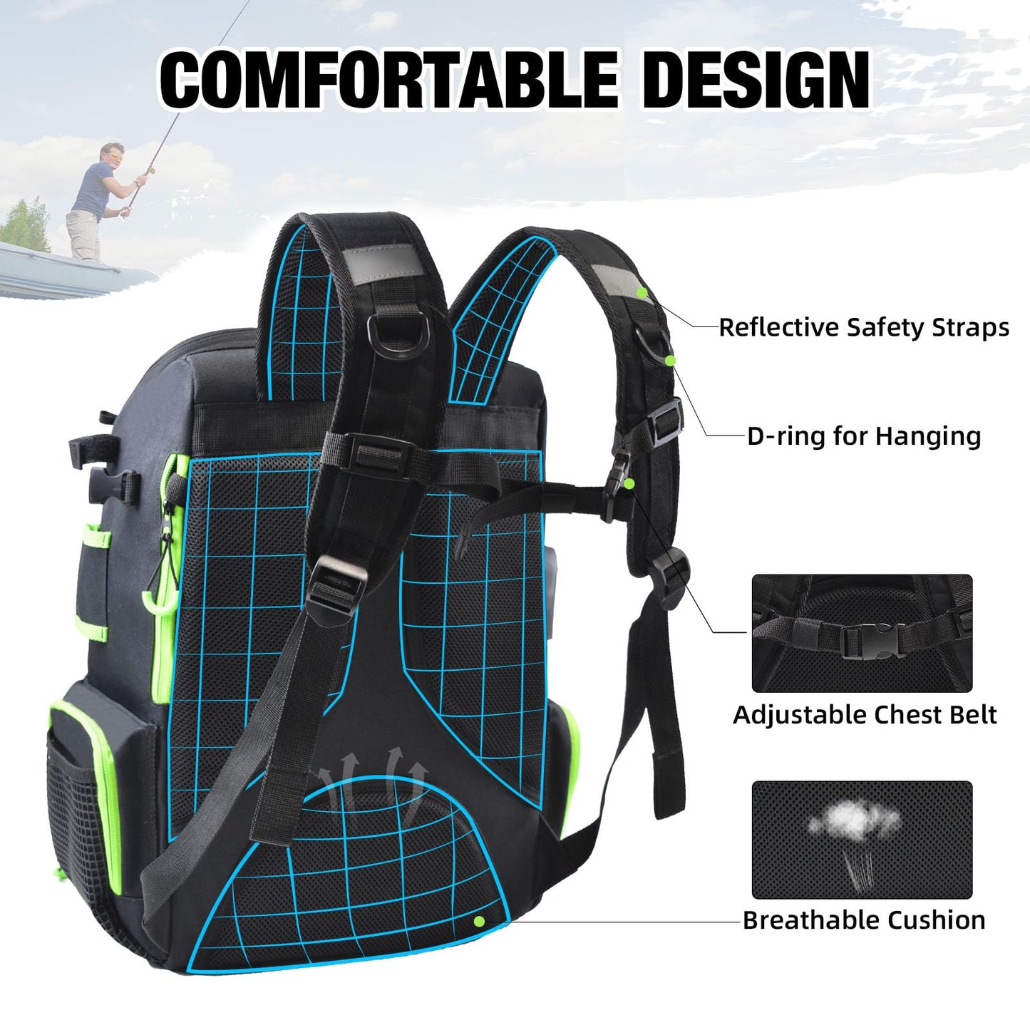 AUMTISC Fishing Tackle Bag Backpack with 2 Rod Holders, 4 Tackle Boxes, Rain Cover & Small Insulated Bag, Large Fishing Backpack for Fish Gear & Equipment