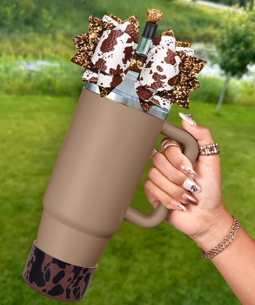Toykee Cup Boot with Straw Cover for Stanley 40 30 oz - Cute Cow Print Bow Straw Topper and Brown Diamond Caps with Bottom Protector 3 PCS Sets for Tumbler Accessories