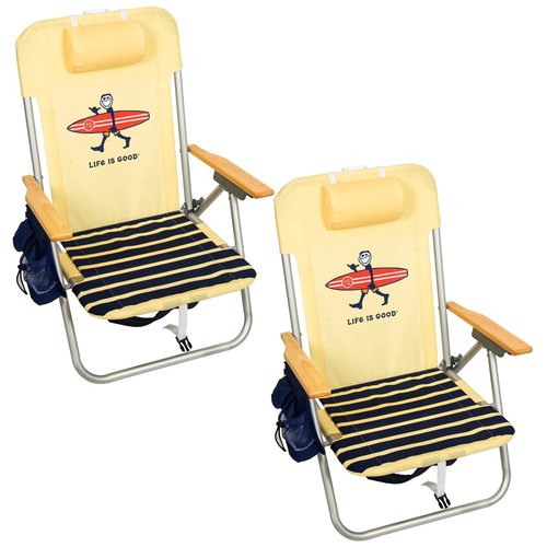 Life is Good 2-Pack 4-Position Aluminum Backpack Beach Chairs, Portable Folding Camp Chairs with Carrying Straps for Camping, Beach, Tailgating, Multi Color