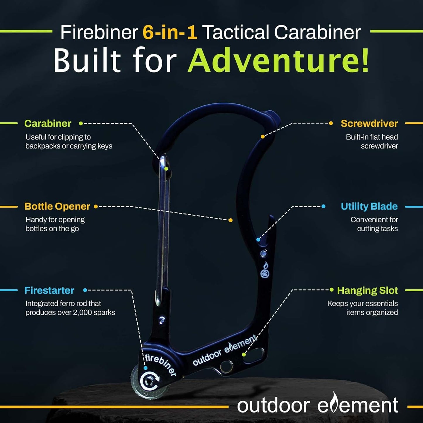 Firebiner 6-in-1 Fire-Starting Carabiner EDC Emergency Multitool -Keychain,Utility Blade,Bottle Opener,& More