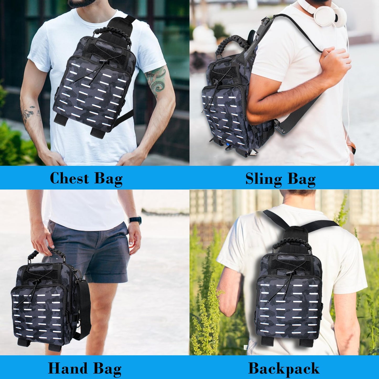 Fishing Tackle Bag with Rod Holders, Multifunctional Reflective Stripes Backpack Crossbody Sling Bags with Earphone Hole, Weatherproof Fashion Outdoors Bags for Fishing, Camping, Hiking