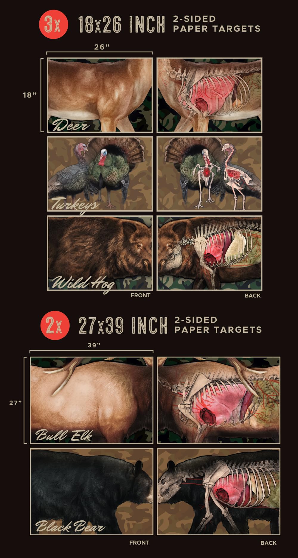 Animal Targets Featuring Deer - Hog - Turkey - Elk - Black Bear. 2-Sided Full Size Paper Range Targets for Archery & Rifle Hunters - Realistic Anatomy Illustrations by EthiKill (5 Pack)…