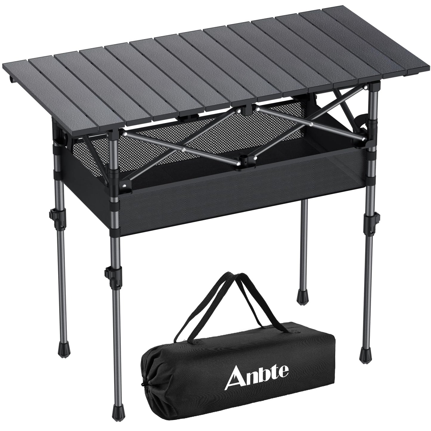 Anbte Folding Camping Table, Aluminum Roll Up Camping Table Adjustable Height with Storage Net and Bag, Lightweight Outdoor Table 32.2” X 16”, for Outdoor Travel BBQ Party Picnic, Black