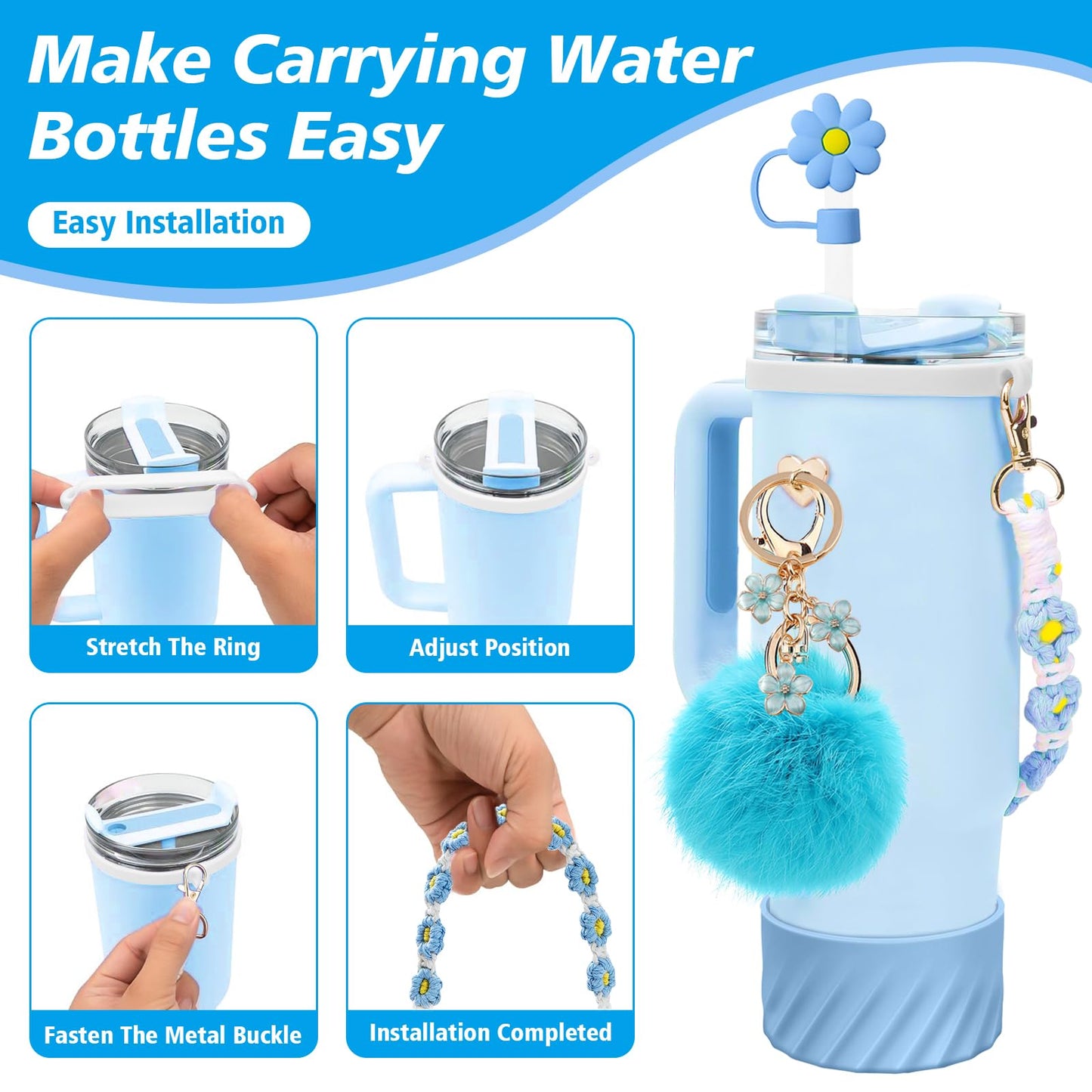 7PCS Accessories Set for Stanley Cup 40 oz 30oz, Including Protective Silicone Boot, Water Bottle Handle Strap, Keychain Charm, Heart Hook, Straw Cover Cap for Stanley Cup Accessories (Blue)