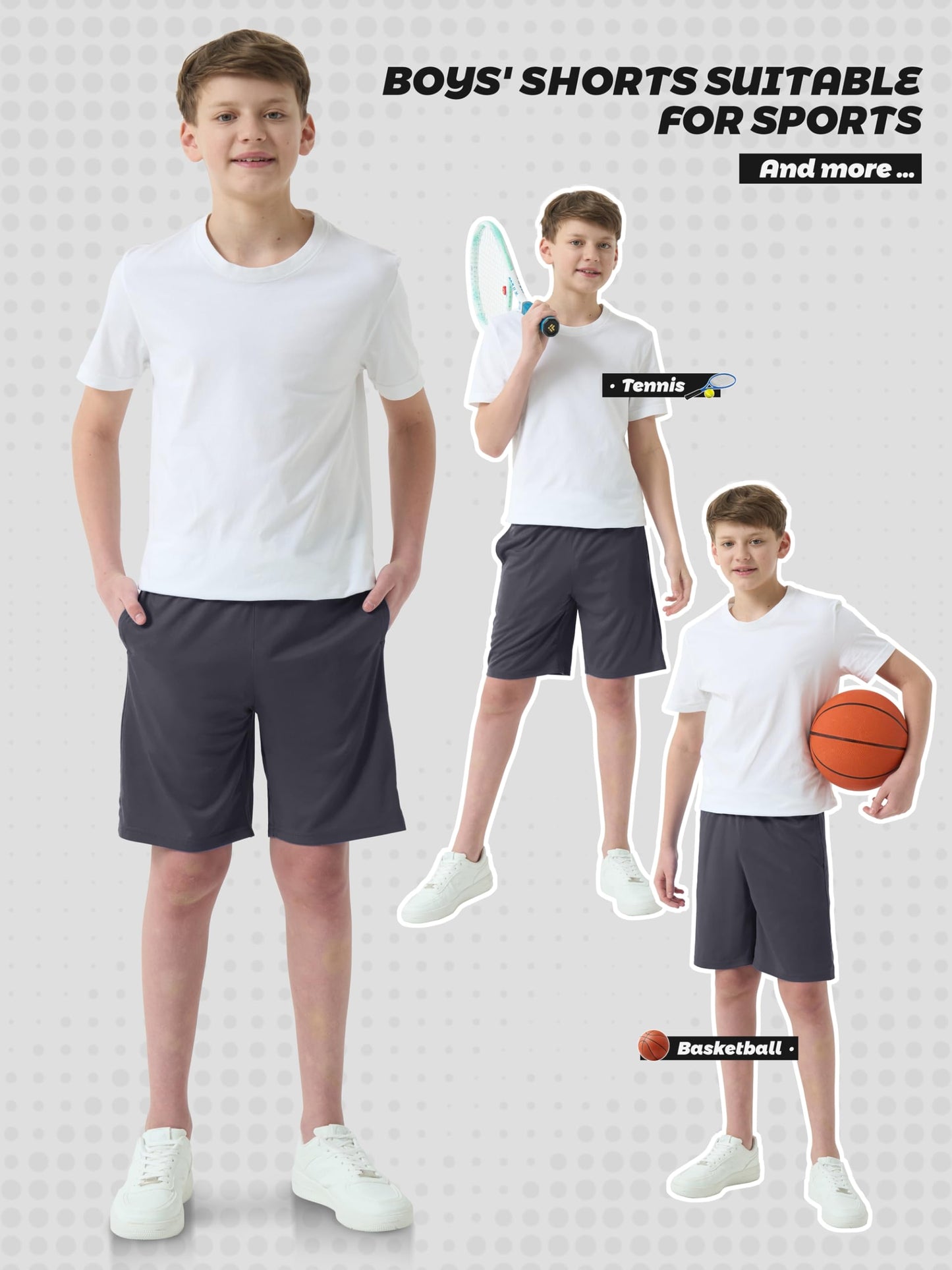 QWE 5-Pack Boys Athletic Shorts with Pockets, Dry-Fit Basketball Soccer Boys Shorts for Youth & Kids Outdoor Set A L