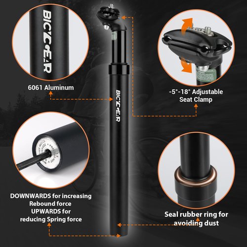 BICYCGEAR Suspension Seatpost 27.2 30.4 30.9 31.6 Bike Seat Posts with Suspension 40mm Travel Bicycle Seat Shock Absorber Aluminum Tube for E Bike MTB BMX Road City Bike Replacement Component Parts