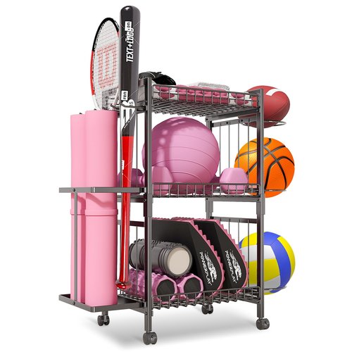 Yoga Mat Storage Rack, Home Gym Storage Rack for Dumbbells Kettlebells Foam Roller and Yoga Strap, Workout Equipment Storage Organizer With Hooks ＆ Wheels, Gym Equipment Storage for Home Exercise