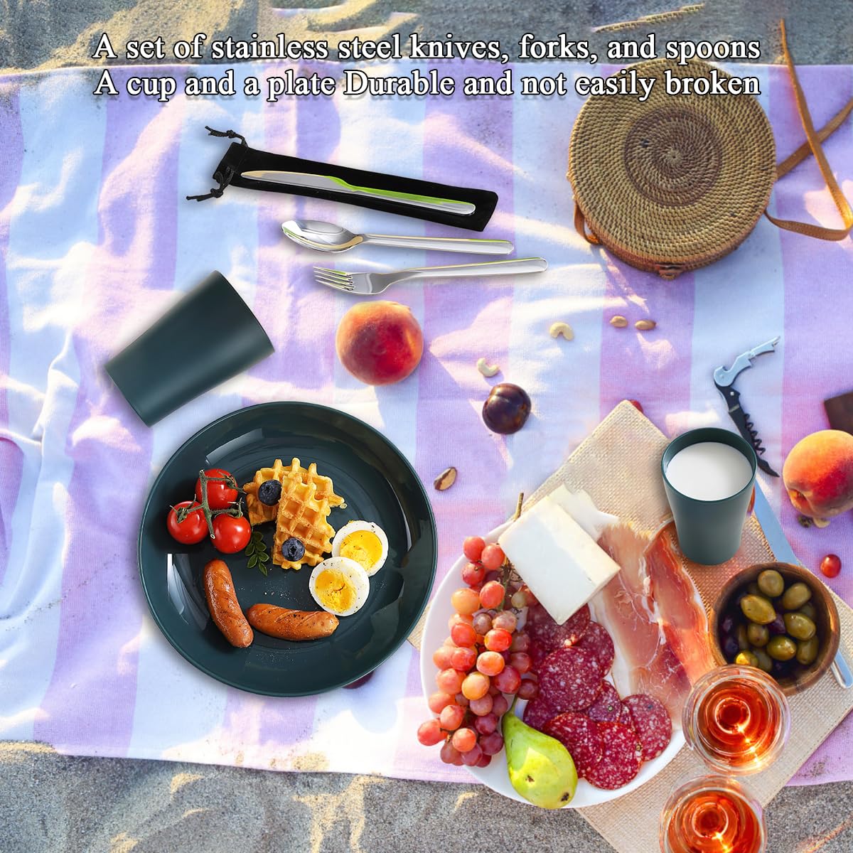 Evanda Camping Cutlery Set 5 Piece, Reusable Light Weight Mug, Plate and Stainless Steel Cutlery Set with Black Bag, for Camping 1 Person, Dishwasher Safe