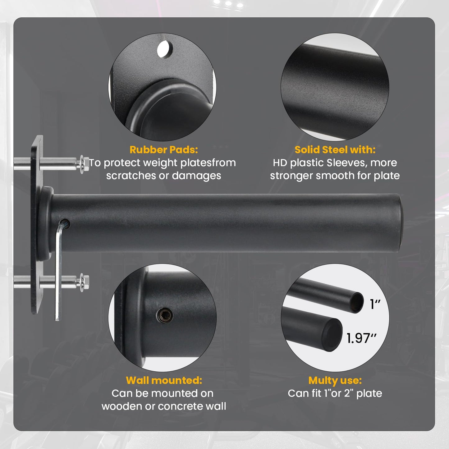 EVERYMATE Weight Plate Holder, Wall Mounted Weight Rack for 1" and 2" Olympic Weight Plates, 4 Pack Home Gym Storage with 8pcs Steel Expansion Bolts, Weight Storage Racks