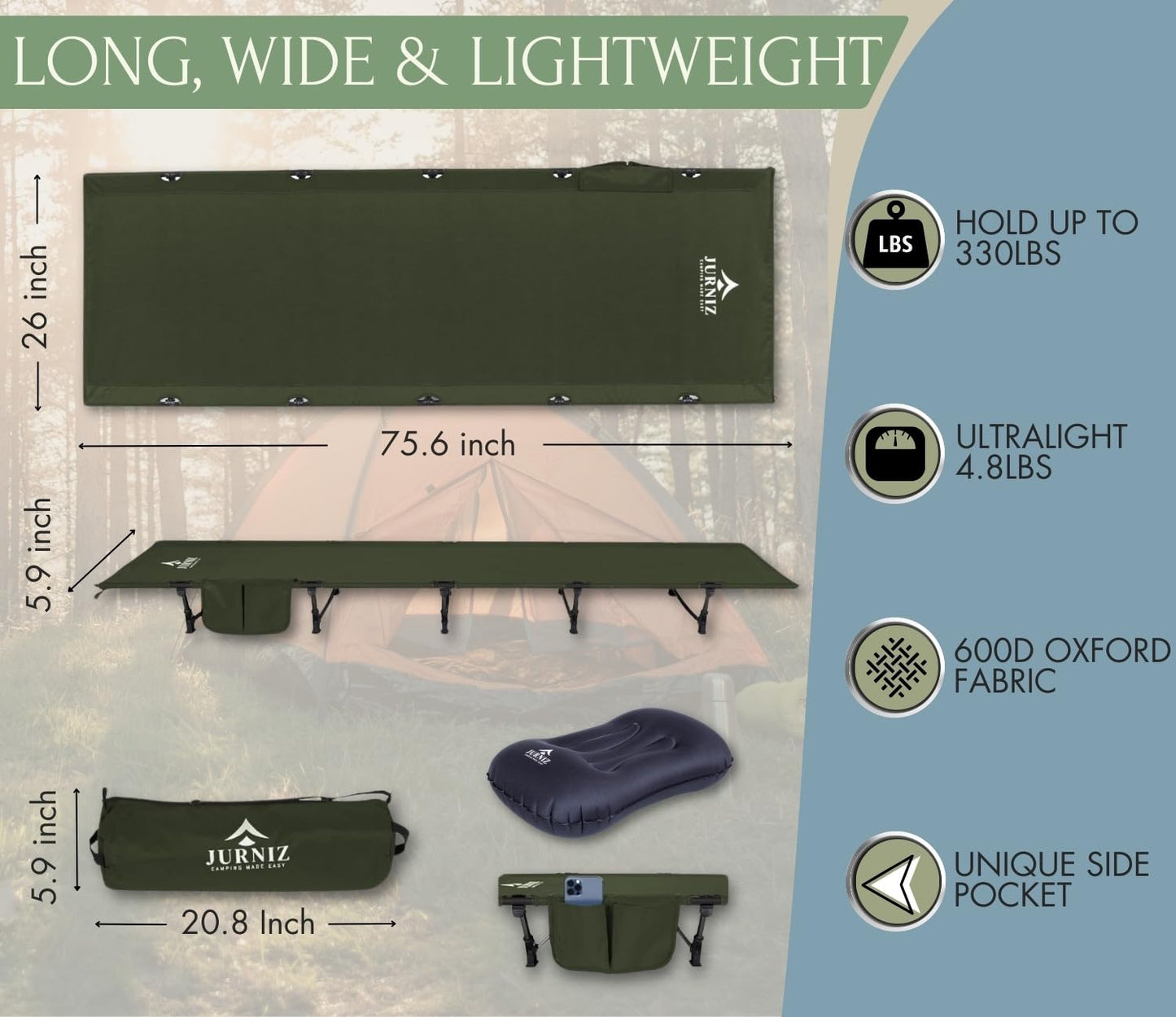JURNIZ Ultralight Camping Cot for Adults and Kids; Supports up to 330lbs; 4.85lbs Ultralightweight Portable Camping Bed for Hiking, Camping and Backpacking with Carry Bag (Green)