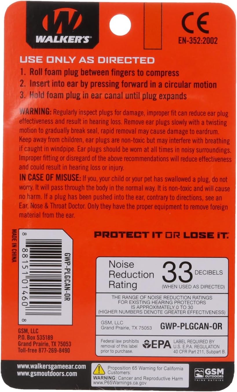 Walker's 33dB Noise-Canceling Hearing Safety Protection Range Shooting Hunting Work Soft Comfortable Adaptable Foam Earplugs, 7 Pairs & Aluminum Carry Canister