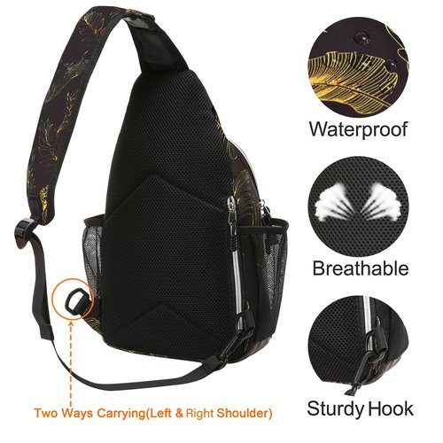MOSISO Crossbody Sling Backpack, Portable Travel Hiking Daypack Chest Sling Bag Casual Daypack One Strap Chest Backpack for Women Men Outdoor Hiking Travel, Golden Line Monstera Leaf