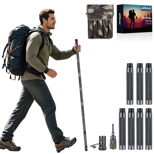 aiGear Survive Walking Hiking Stick - Outdoor Survival Hiking Staff Multitool Gear Adjustable Trekking Poles for Survival Camping Hiking 7 Tubes