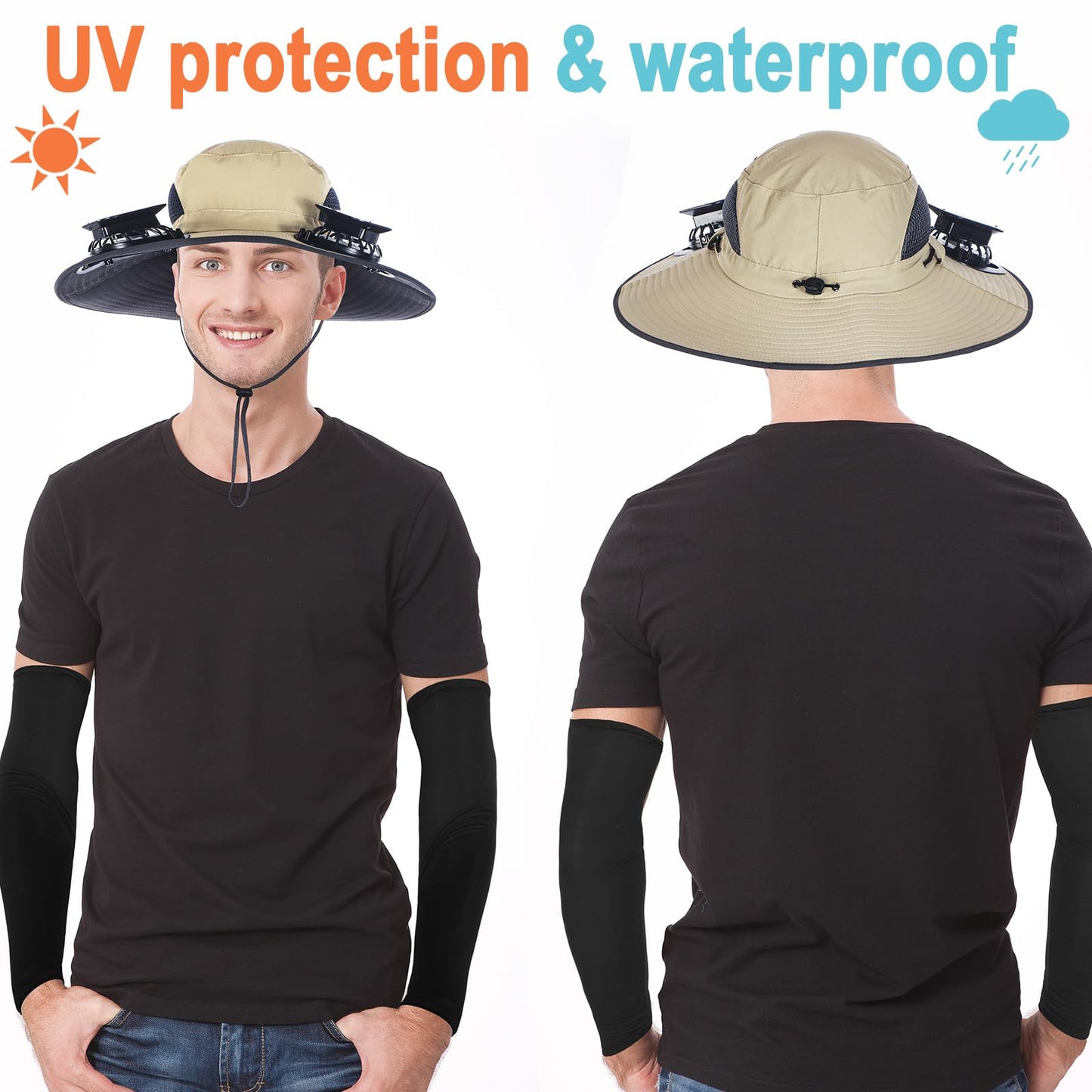 Glitopper 2 Set Wide Brim Solar Fan Hats with 2 Solar Fan and Arm Sleeves Set Outdoor Fishing Bucket Hat for Men Women Hiking(Dark Grey and Khaki,Simplicity)