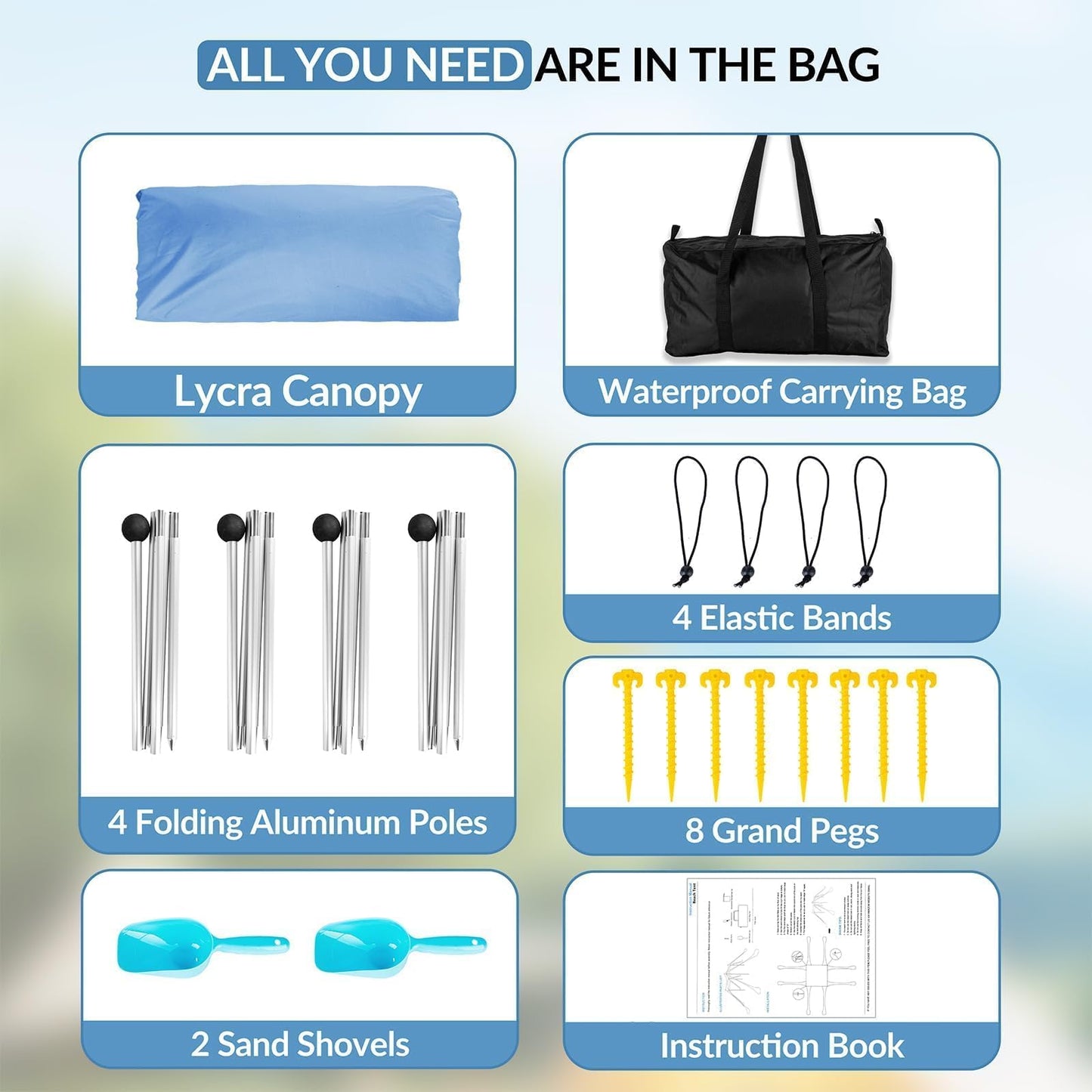 Gardentime Beach Tent Canopy Sun Shelter 10x10ft UPF50+ Protection Portable Shade with 8 Sandbags, 4 Poles, 2 Sand Shovels, Ground Peg for Outdoor Backyard Camping Fishing Picnic Blue