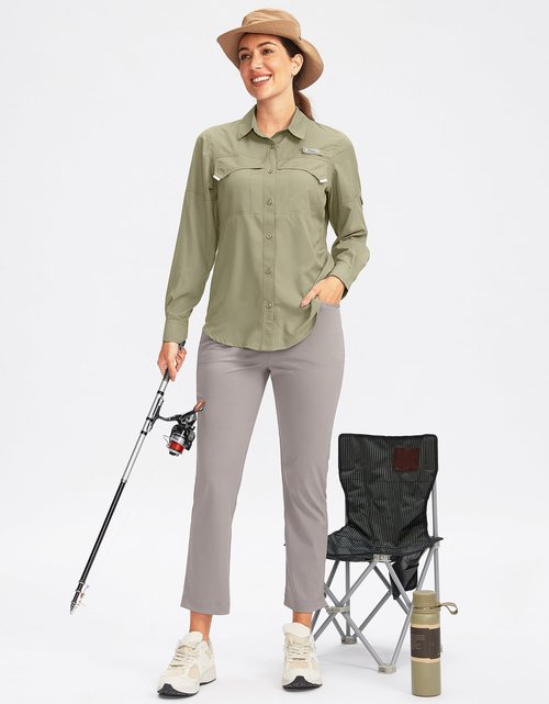 Pudolla Women's UPF 50+ UV Sun Protection Shirts Long Sleeve Fishing Hiking Shirt Cool Lightweight Travel Safari Shirts sage Green L