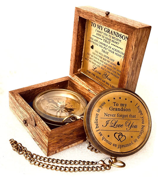 Gift for Grandson Brass Compass Engraved Quote | Memory Present to My Grandson Birthday, Baptism, Graduation, Confirmation, Love, Gift idea by Grandpa Grandma (#1 Grandson - I Love You)