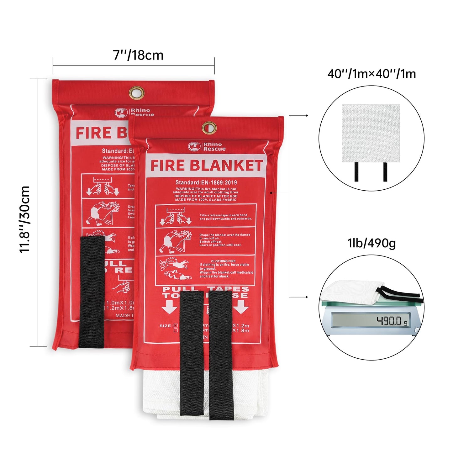 RHINO RESCUE Fire Blanket, 40''×40'' Fiberglass Emergency Fireproof Gear, Flame Retardant Protection for Home, Kitchen, Camping, Hiking, 2 Count