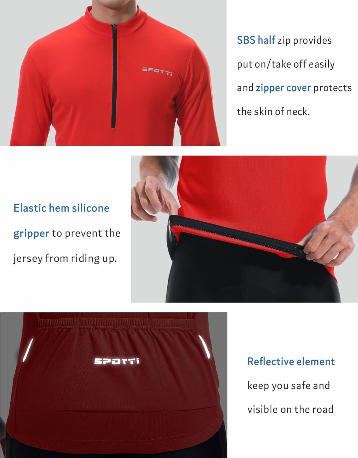 Spotti Men's Cycling Bike Jersey Long Sleeve with 3 Rear Pockets - Moisture Wicking, Breathable, Quick Dry Biking Shirt