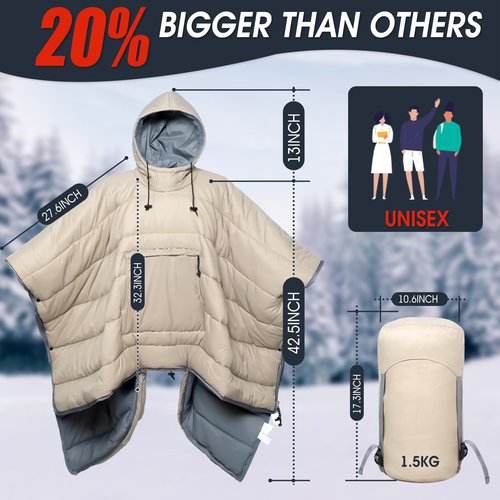 Buylaunch Sleeping Bag Wearable Hooded Blanket - Envelope Lightweight Thermal Cloak Cape Windproof with Premium Stuff Compression Sack for Backpacking Hiking Hunting Fishing Outdoor Sport，Khaki