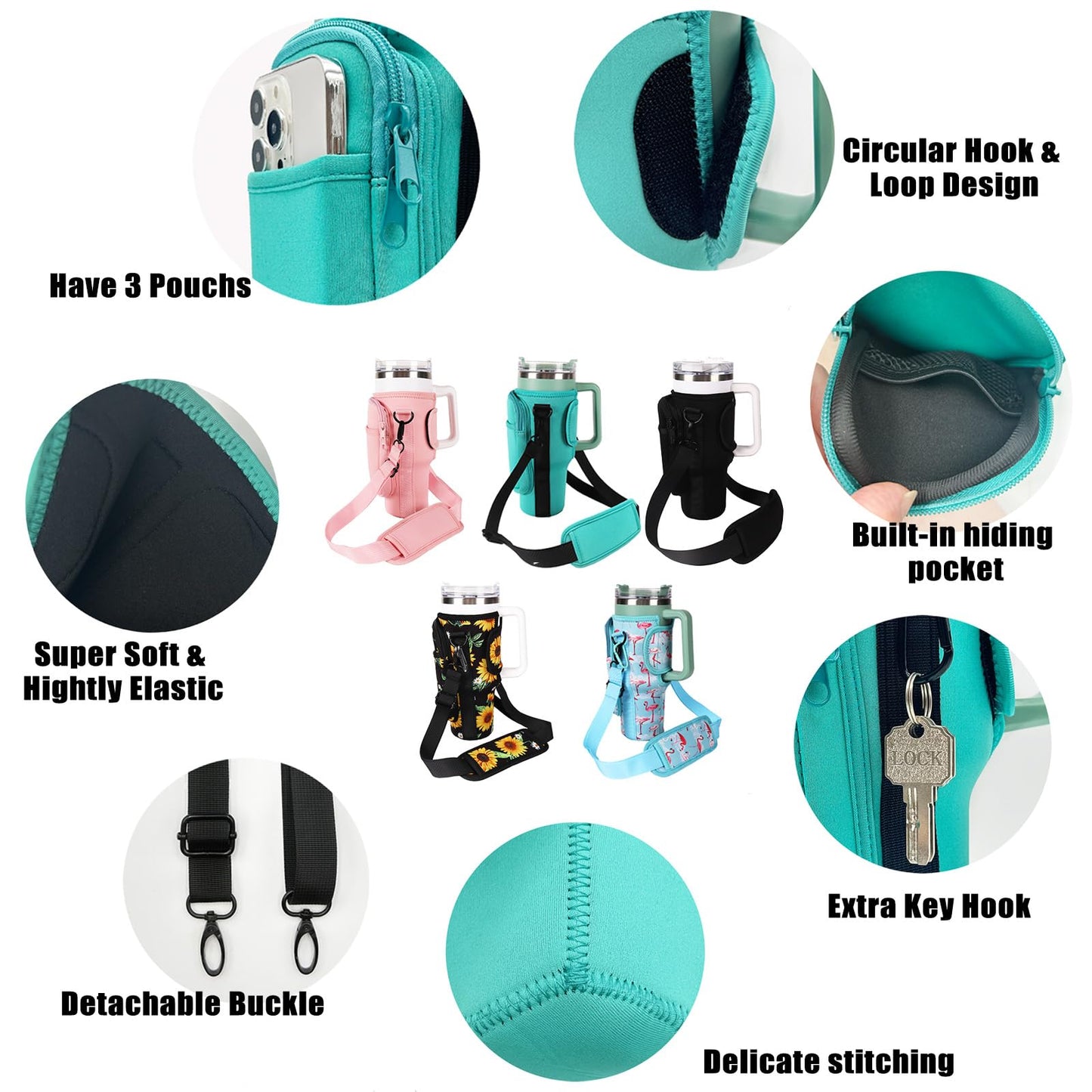 LMYUHONG Water Bottle Carrier Bag Holder for Stanley with Storage Bag,Fits for Quencher Adventure 40oz,H2.0 Stanley Cup Accessories,Bottle Pouch for Hiking Travelling Camping Climbing,Black