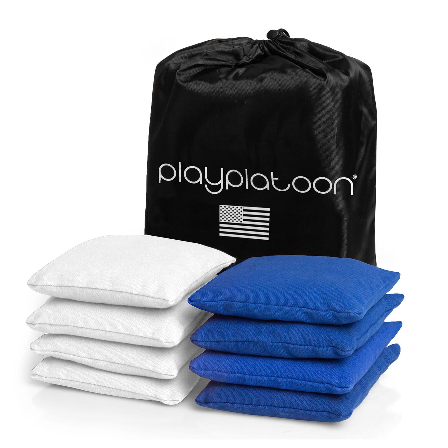 Play Platoon Weather Resistant Cornhole Bags - Set of 8 Regulation Corn Hole - Royal Blue & White - Durable Duck Cloth Corn Hole for Tossing Game, Includes Tote Bag