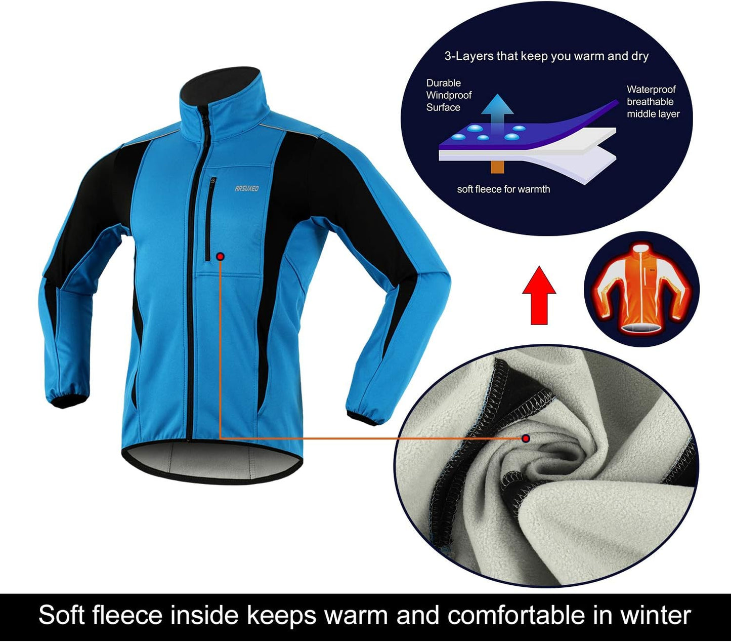 Windproof Waterproof Thermal Cycling Jacket for Winter | ARSUXEO 15K Softshell