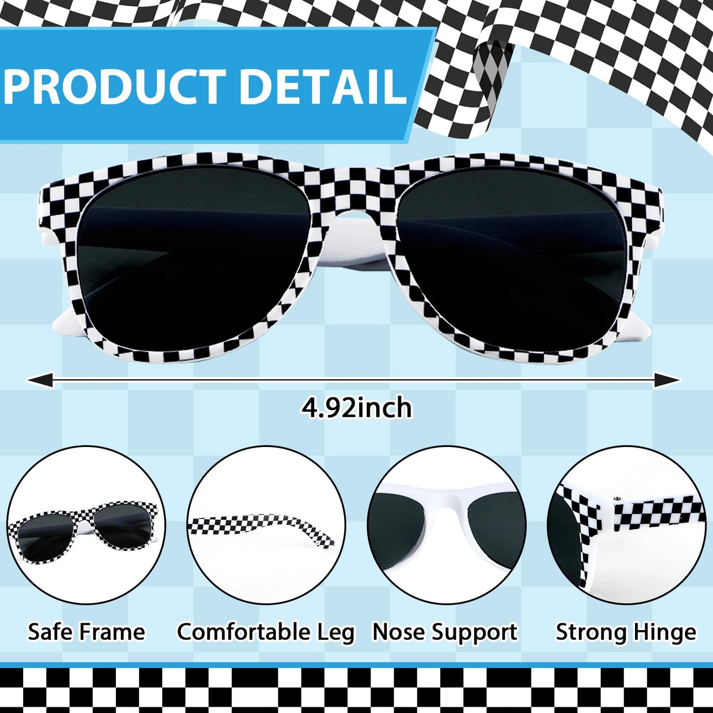6 Pack Race Car Checkered Sunglasses White Black Frame Checker Sunglasses Bulk for Kids Race car Party Favors Essentials & Gear Up With Hot Car Plastic Glasses for Racing Theme Birthday Supplies Gifts