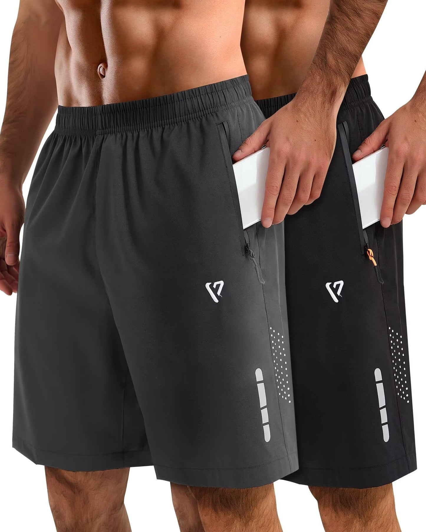 FIONECA 2 Pack Mens Athletic Shorts Quick Dry 7 Inch Running Shorts Breathable Mesh Gym Workout Shorts with Zipper Pockets(Black&Dark Gray,L