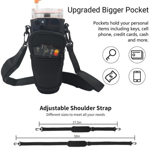 UOKIIYUA Water Bottle Carrier Bag Compatible with Stanley 40oz Tumbler with Handle, with Adjustable Shoulder Strap and Pocket and Straw Cover, Sports Water Bottle Holder for Hiking