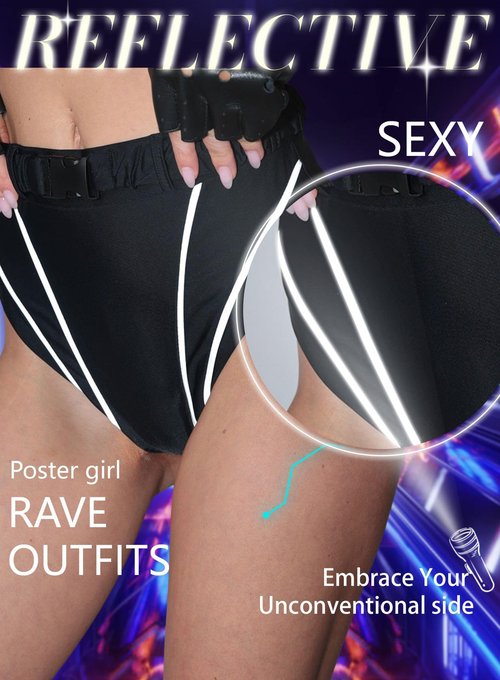 Womens Reflective Rave Booty Shorts - High Waist Thong Bottom Buckle Waistband EDC Pole Dance Pants Festival Outfit(Black,L,13172a)