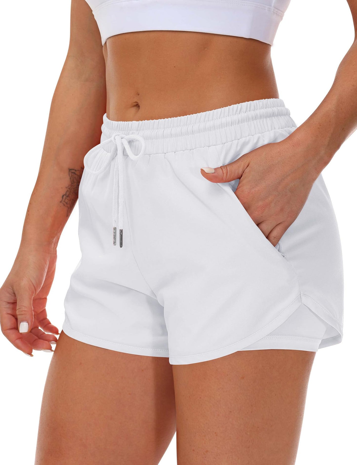 Mancreda Women's Running Shorts with Liner 3 Zipper Pockets Elastic Workout Athletic Gym Yoga Shorts(WH,S) White