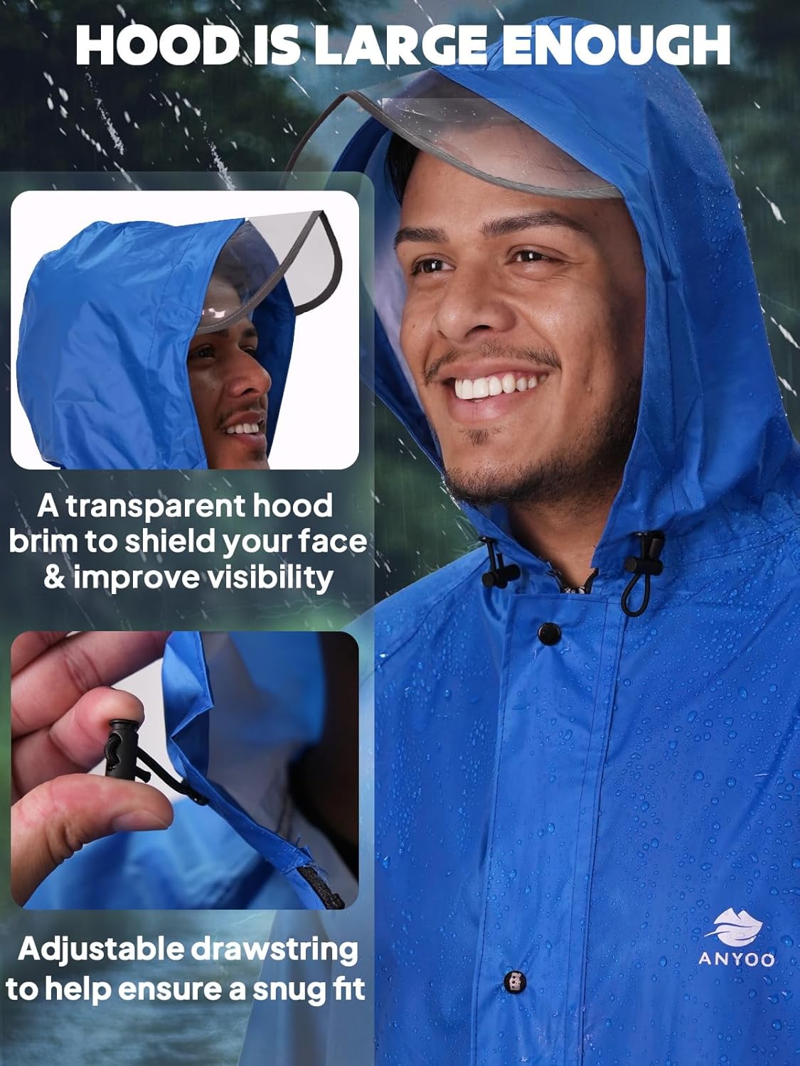 ANYOO Hood Rain Poncho Waterproof Lightweight Raincoat for Men Women Adult with Pocket for Hiking Camping Outdoor Activities