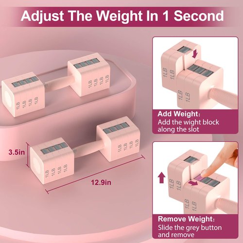 Hezeyferg Adjustable Dumbbells Set of 2, Hand Weights Sets with 5 Levels 3lb, 5lb, 7lb, 9lb, 11lb, Adjustable Weight Dumbbells for Women/Men Home Gym Full Body Workout (Pink)