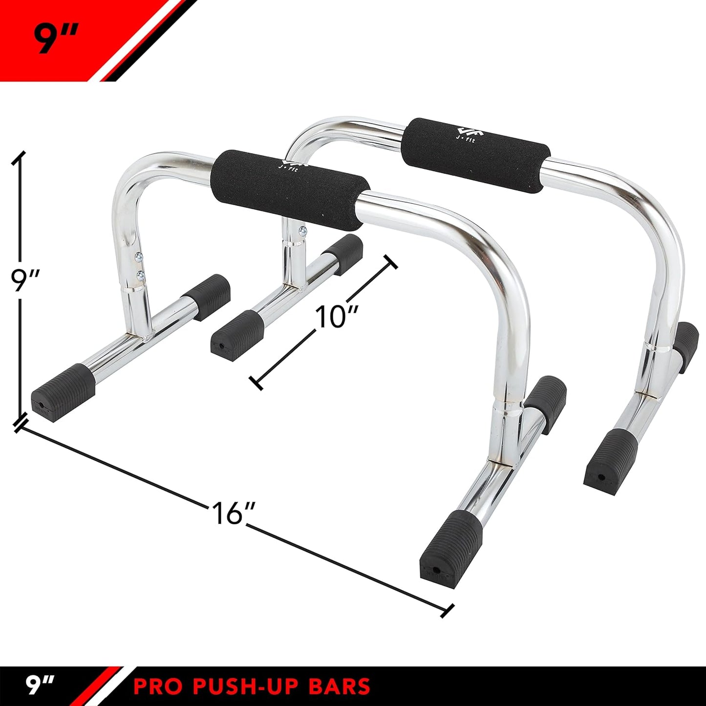JFIT Pro Push Up Bar Stand, Set of 2 Bars - Made in Taiwan - UPDATED STYLE - 9" or 11" Options - NEW Thicker Grips and Non-Skid Feet for Enhanced Push Ups
