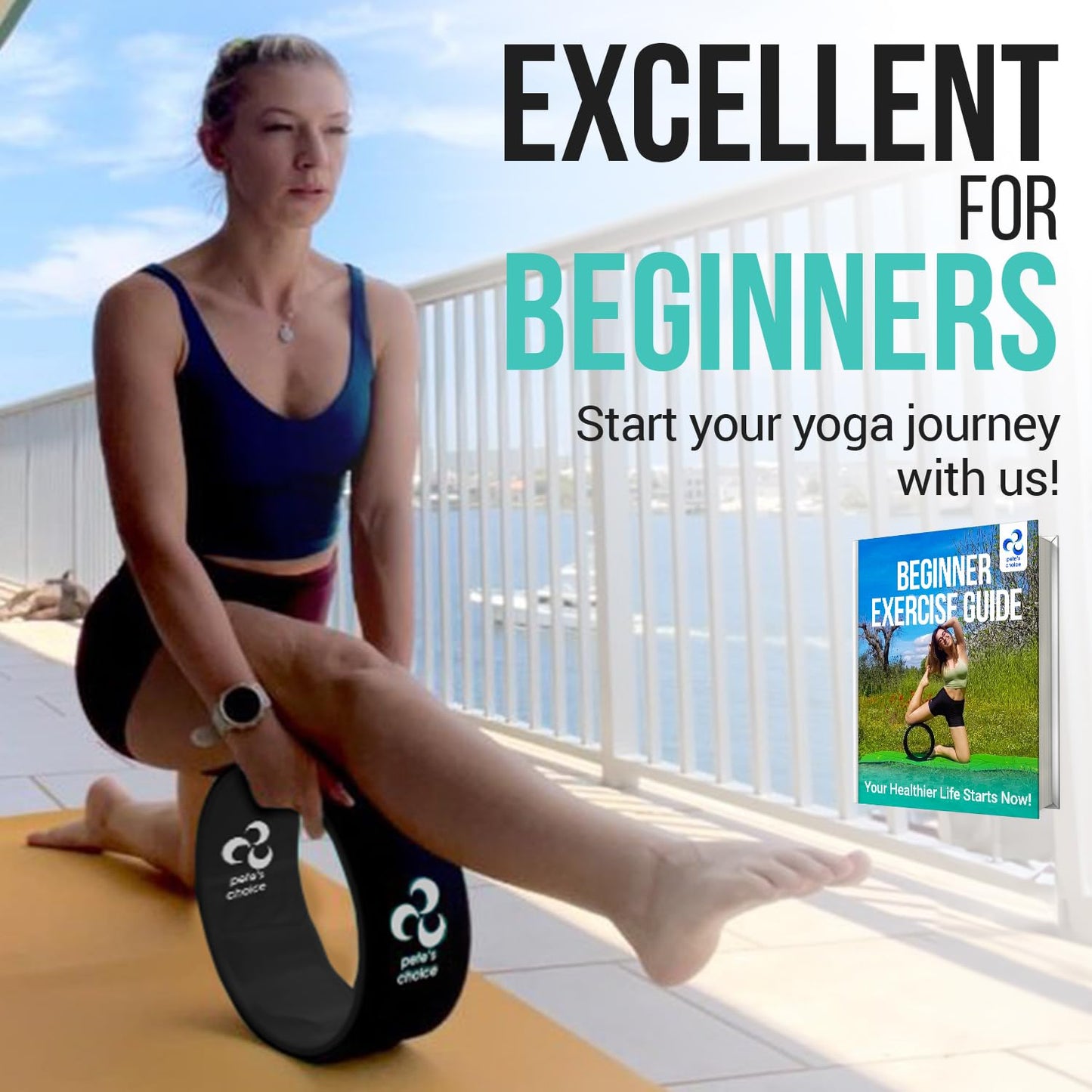 Extra Wide Yoga Wheel - Safer, Comfortable, more Stable Back Roller. Exercise Guide included. Perfect for Beginners. Great Back Stretcher. Improve posture. Large Jumbo Yoga Wheel for back pain.