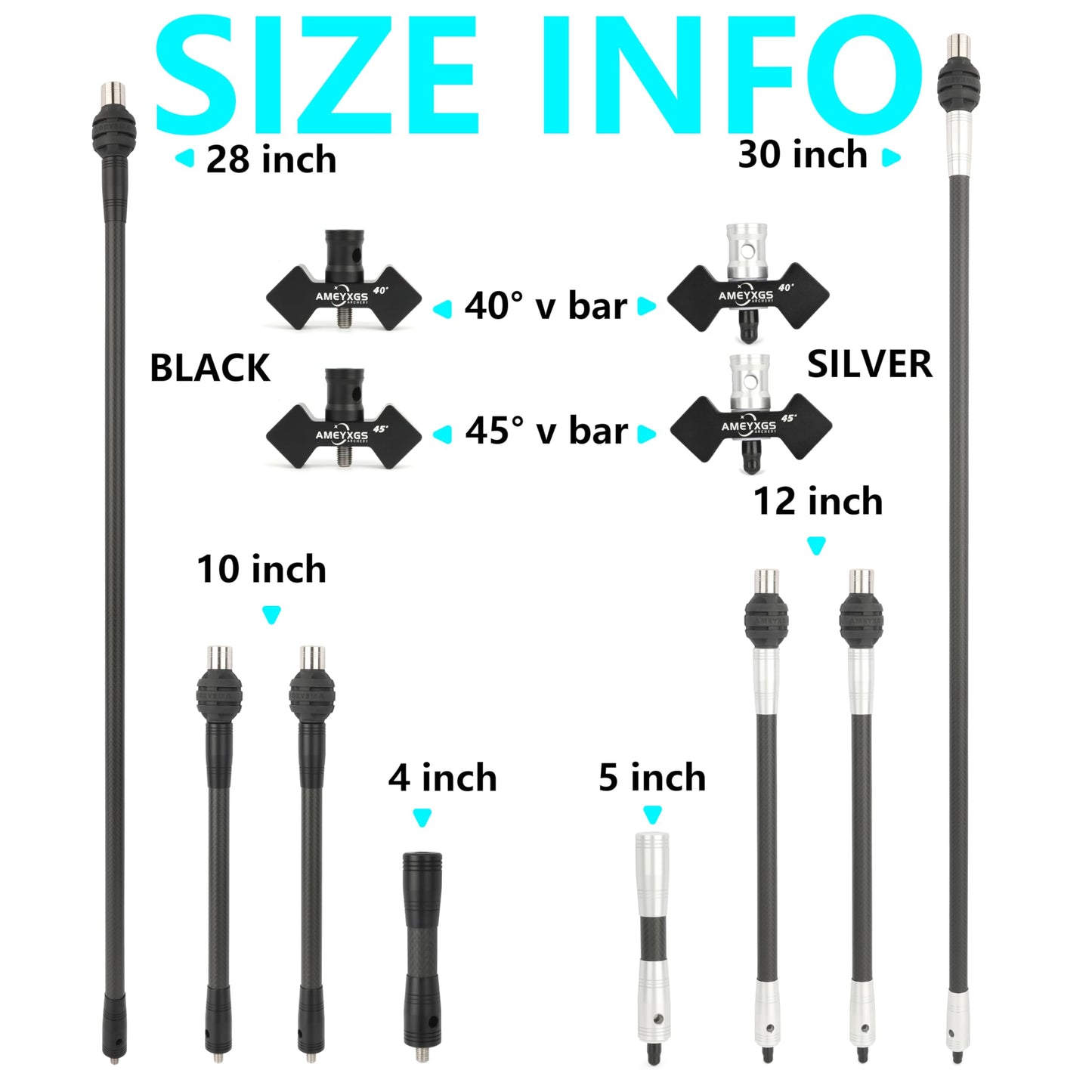 AMEYXGS Archery Bow Stabilizer Set 4/5/10/12/28/30 inch 3k Carbon Bow Balance Bar with Stabilizer Rubber and Weights for Recurve Bow and Compound Bow (40° V bar, Black, 1x 30 inch,2X 12inch,1x 5inch)