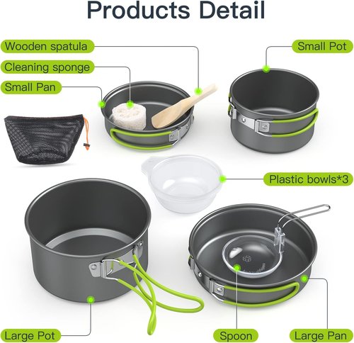 11-Piece Lixada Camping Cookware Set - Non-Stick Lightweight Mess Kit for Outdoor Cooking